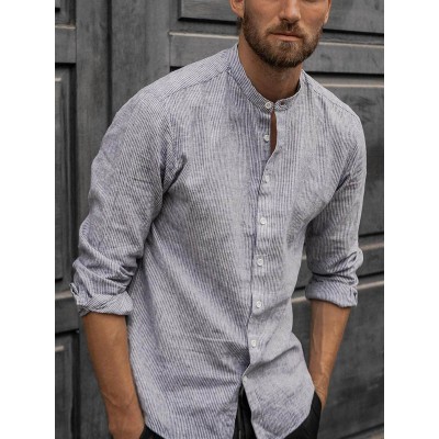 Men's loose sleeve cotton and linen shirt with stand collar HF0902-03-01