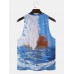 Men Landscape Print Art Style O Neck Sleeveless Cool Top