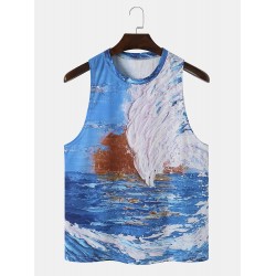 Men Landscape Print Art Style O Neck Sleeveless Cool Top