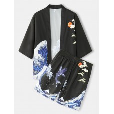 Mens Kimono Waves   Cap Pattern Japanese Elastic Waist Two Piece Outfits