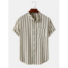 Mens Vertical Stripe Stand Collar Cotton Short Sleeve Shirts